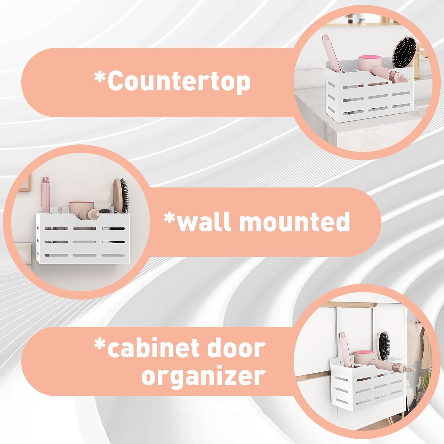 FLE Hair Tool Organizer, Hair Dryer Holder Cabinet Door, Blow Dryer Holder Over Cabinet Door Organizer and Storage for Curling(White) - Image 2
