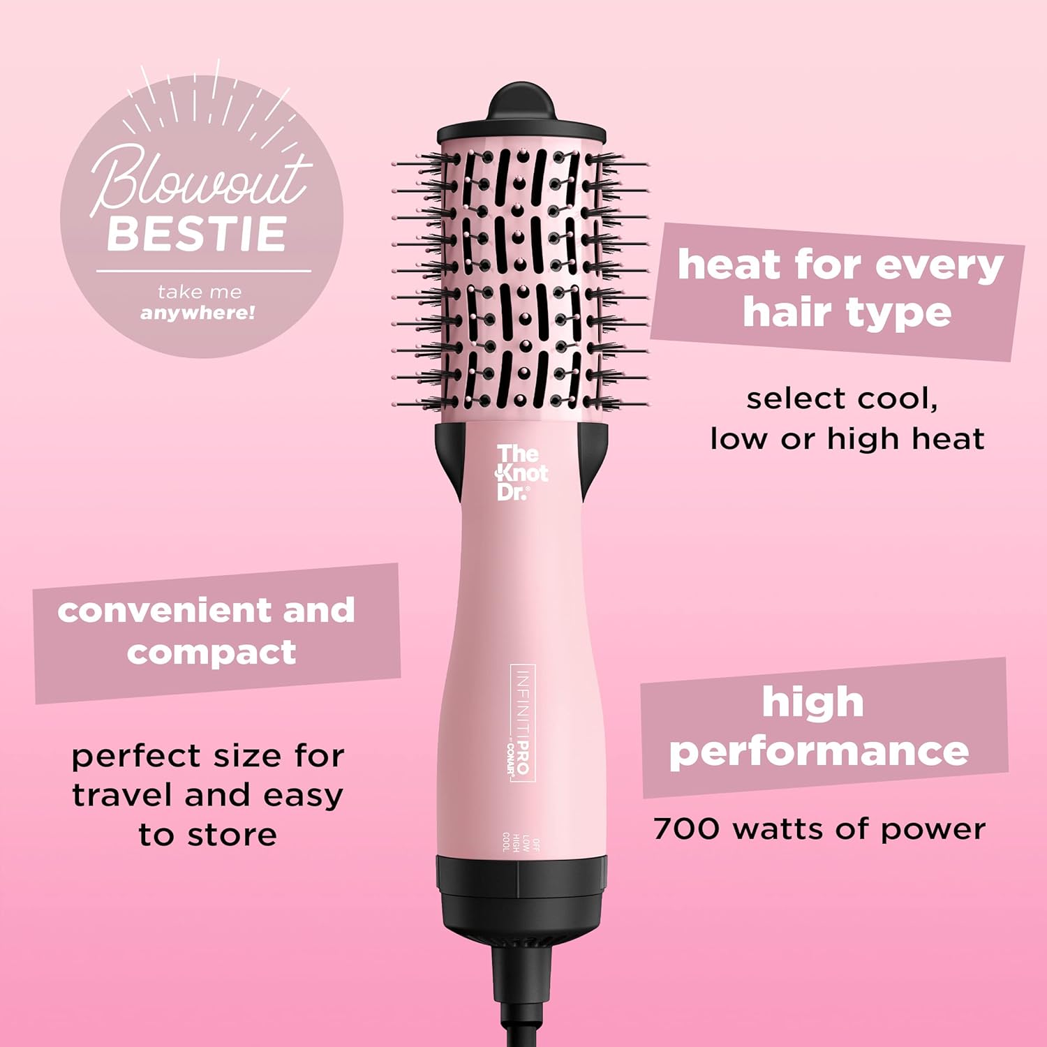 INFINITIPRO BY CONAIR The Knot Dr. All-in-One Travel Friendly Oval Dryer Brush, Hair Dryer & Volumizer, Hot Air Brush - Image 4