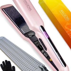ANGENIL Flat Iron Wide 1.6 Inch Hair Straightener for Thick Hair, Dual Voltage Hair Straightener and Curler 2 in 1, Ceramic Flat Iron with Silicone Heat Resistant Mat Pouch, Fast Heating, LCD Display