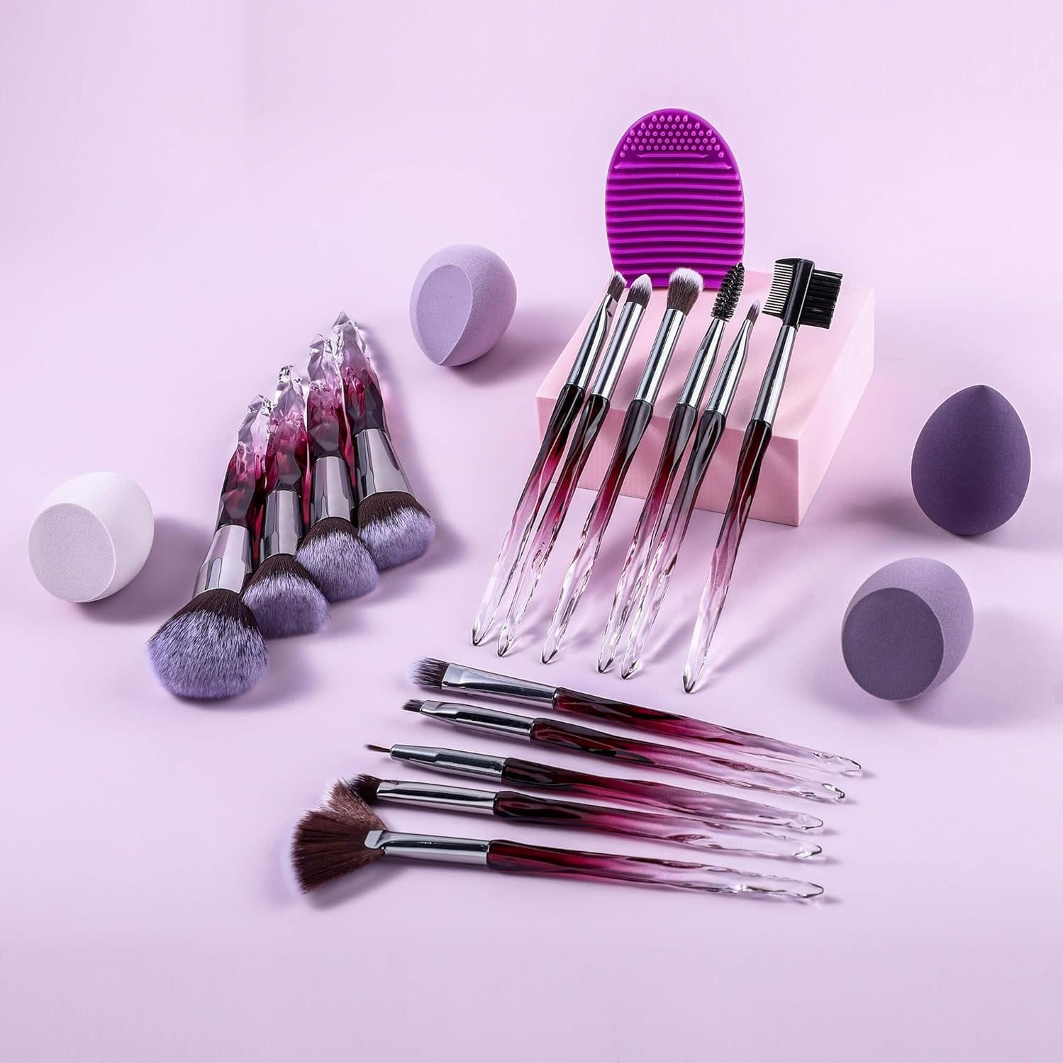 XMOSNZ Makeup Brushes 15pcs Make up Brushes Crystal Handle Highlighter Makeup Foundation Makeup Make Up Brush Sets Eyebrow Brush Professional with 4 Makeup Sponge - Image 2