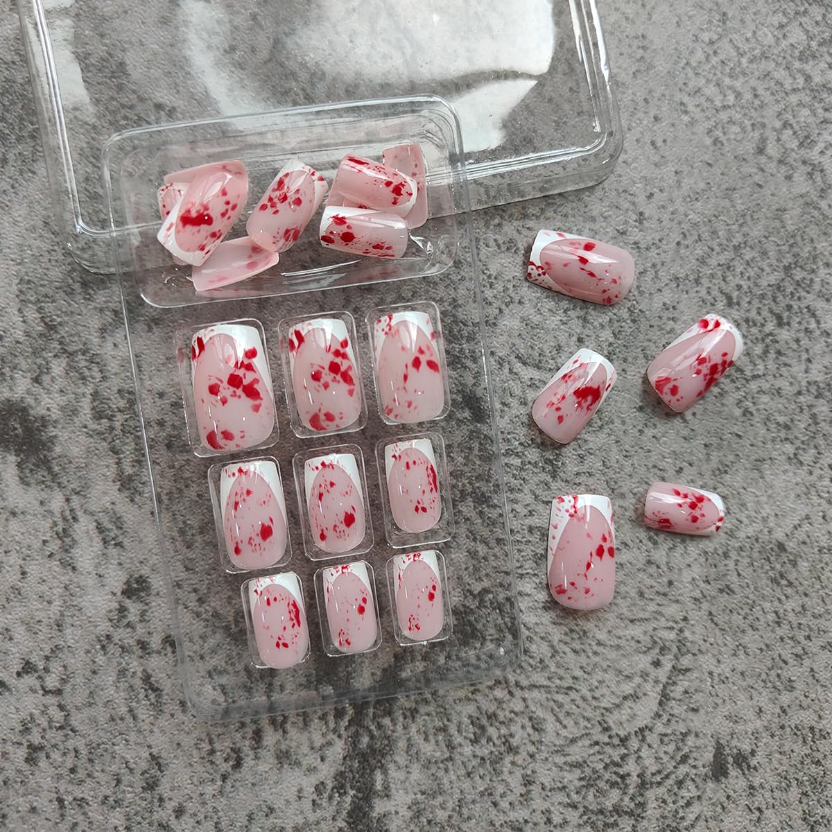 24pcs Horror Gothic Press on Nails - Short Square, French Tip, Full Cover, Glue on Nails - Bleeding Acrylic Designs for Halloween - Image 2