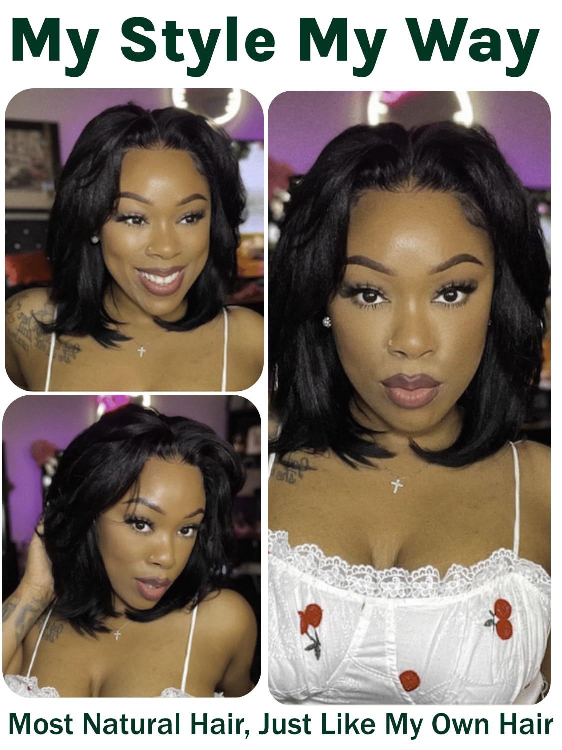 KLAIYI Yaki Straight Bob Wig Bye Bye Knots Glueless Pre Everything 13x4 Lace Frontal Wigs Human Hair Pre Cut Pre Plucked Pre Bleached Put On and Go Wigs for Beginners 30S Easy to Wear Kinky Wig 14Inch - Image 6