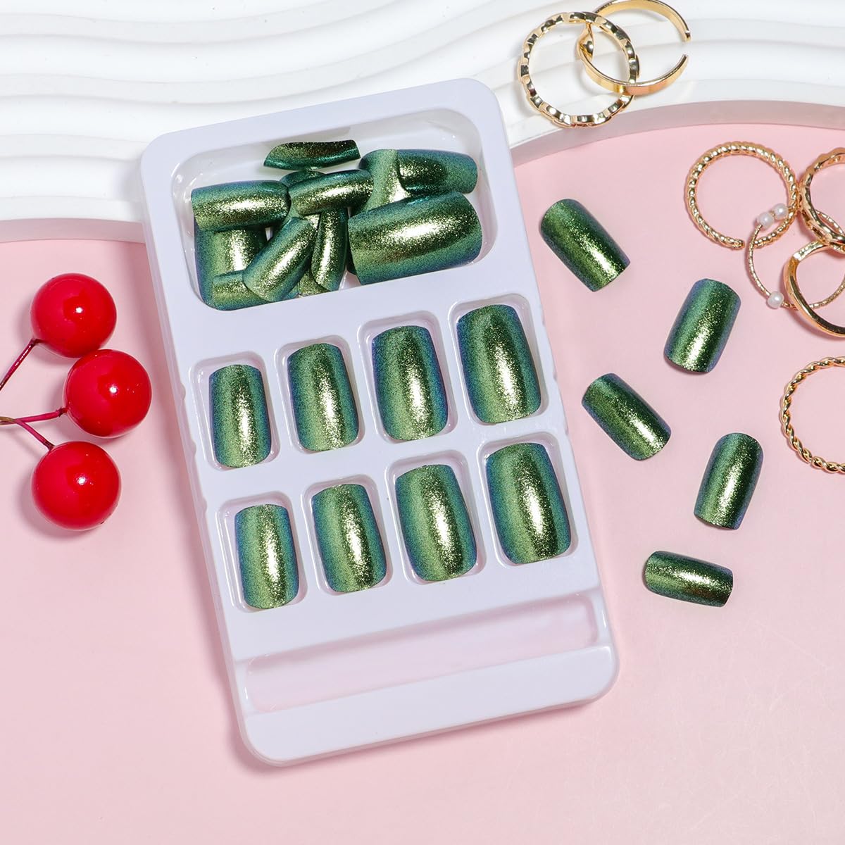 Green Press on Nails Medium Square Fake Nails Dark Green Glitter Acrylic Nails Full Cover Glue on Nails Solid Color Reusable Artificial False Nails Stick on Nails for Women Girls Manicure 24Pcs - Image 4