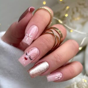 Medium Coffin Press on Nails Christmas Snowflake Elk Pink Fake Nails Full Cover Glossy Acrylic Stick on Nails Cute False Nails for Women Girls DIY Fingernails Decor 24Pcs