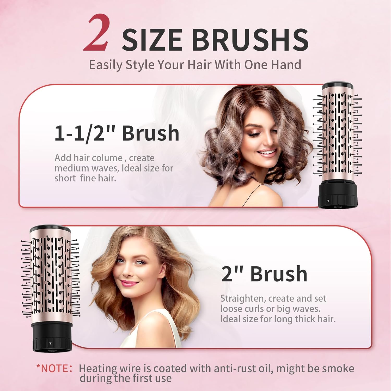 Rotating Hair Dryer Brush, 4-in-1 Rotating Blow Dryer Brush & Hot Air Spin Dryer Brush, 2 Detachable Brushes (1.5" & 2"), 3 Temperature & Speed Settings, 1200W - Image 4
