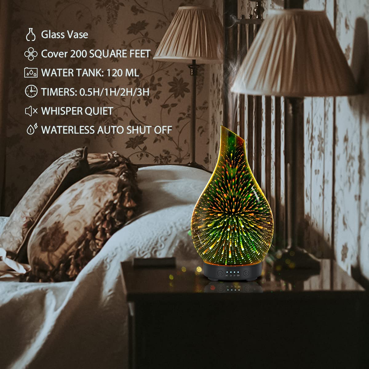 Essential Oil Diffuser Aromatherapy Diffuser- 120 ml Glass Ultrasonic Cool Mist Oil Diffuser, Whisper Quiet with Waterless Auto Shut-Off, 4 Timer Setting,7 Colors Night Light for Home (Silver) - Image 4