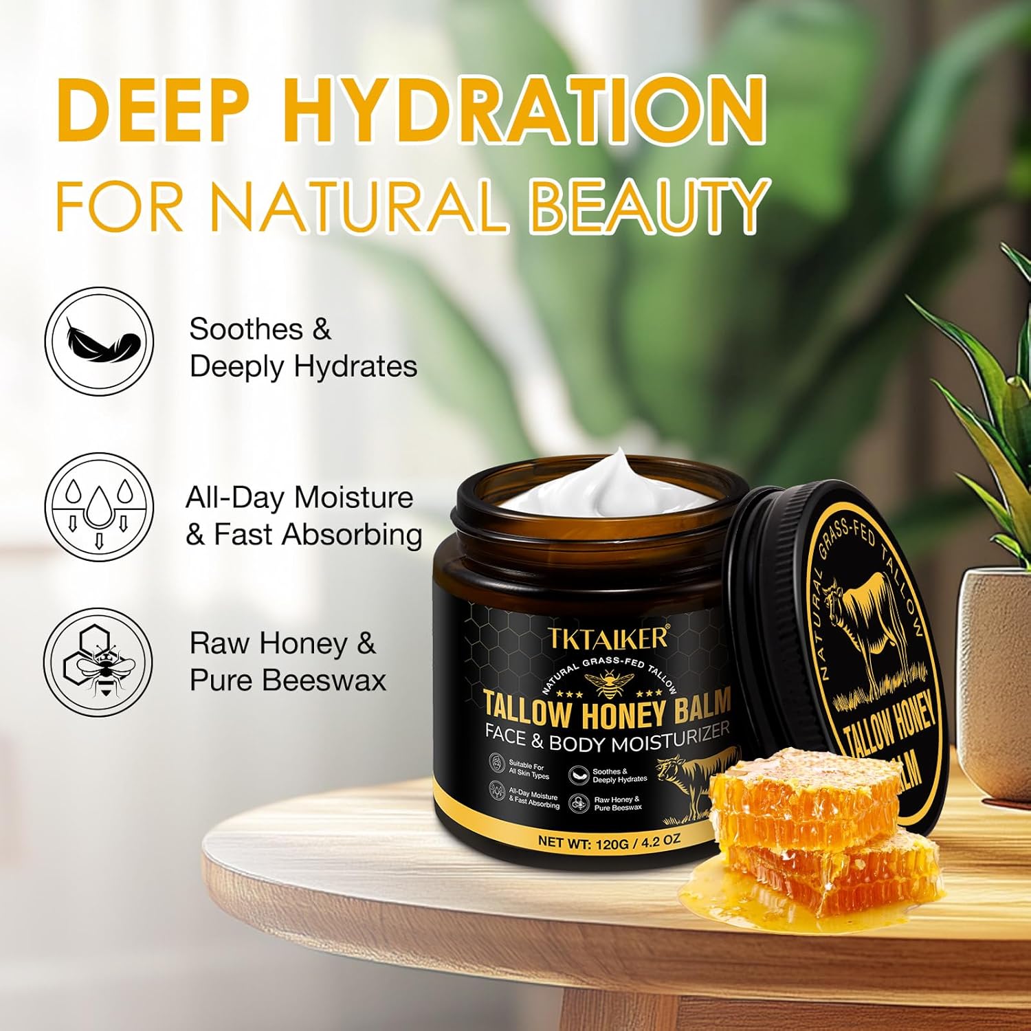 Beef Tallow for Skin, Beef Tallow for Face, Hydrating Tallow Balm with Raw Honey and Beeswax, Grass-Fed Beef Tallow & Raw Wild Honey Blend, Body & Face Moisturizer, Natural Formula, Light Scent - Image 2