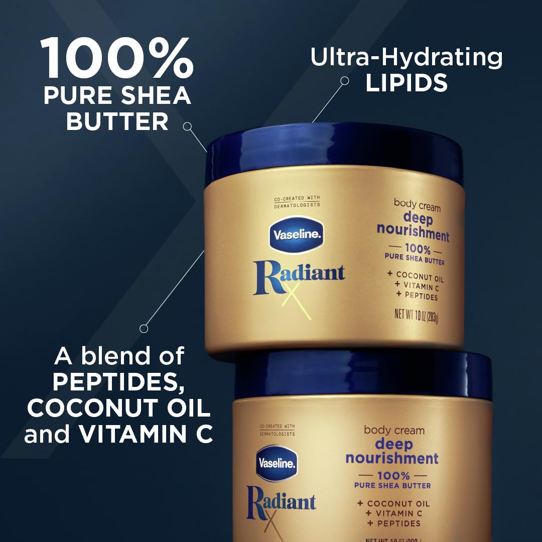 Vaseline Radiant X Deep Nourishment Body Cream 100% Pure Shea Butter, Coconut Oil, Vitamin C, & Peptides 10 oz - Image 3