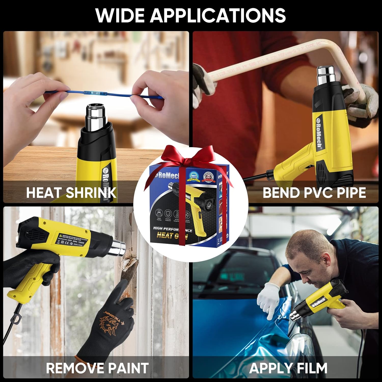 ROMECH Heat Gun, Heavy Duty Fast Heating, Variable Control 120°F~1200°F (50℃-500℃) 4 Nozzles Heat Gun for Crafting, Shrink Tubing,Vinyl Wrap(Yellow) - Image 5