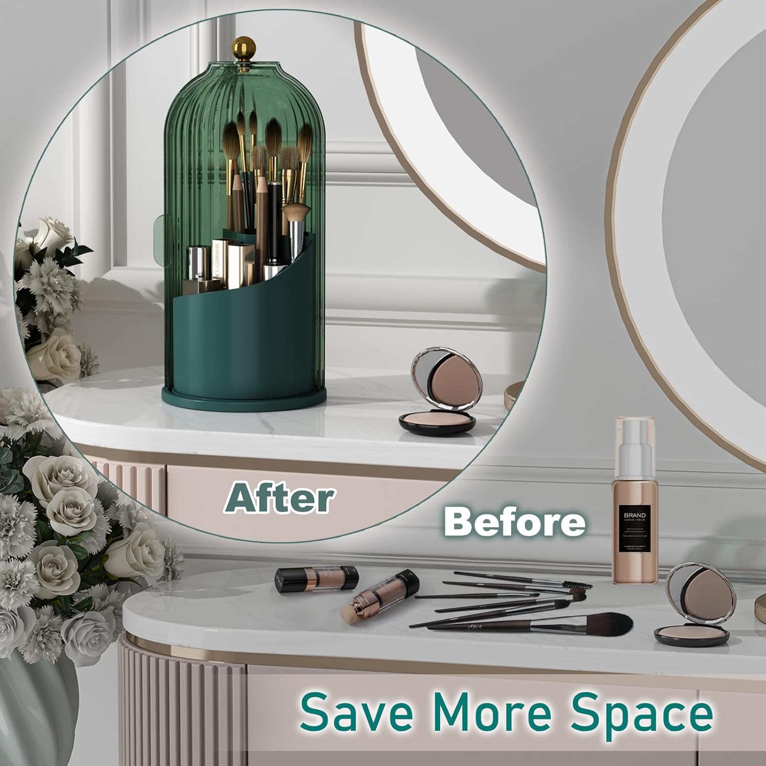 GAXmi Makeup Brush Holder with Lid Cosmetic Tools Organizer 360 Rotating Waterproof Dustproof Beauty Brushes Storage for Vanity, All Green - Image 4