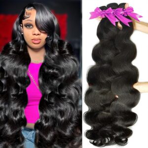 Rao 12A Body Wave Bundles Human Hair 22 24 26 Inch Human Hair 3 Bundles 100% Brazilian Virgin Hair Body Wave Bundle Weave Human Hair Extensions Deals Real Human Hair Natural Black For Women