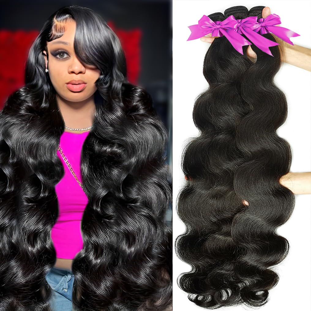 Rao 12A Body Wave Bundles Human Hair 22 24 26 Inch Human Hair 3 Bundles 100% Brazilian Virgin Hair Body Wave Bundle Weave Human Hair Extensions Deals Real Human Hair Natural Black For Women
