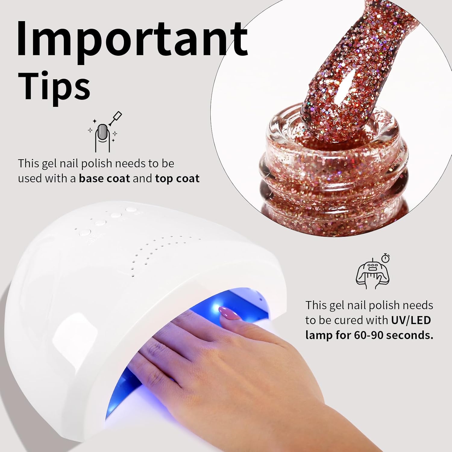 Glitter Rose Gold Gel Nail Polish, 1 Pcs 16ml Sparkly Rose Gold Soak Off UV/LED Gel Polish Manicure Salon DIY at Home - Image 6