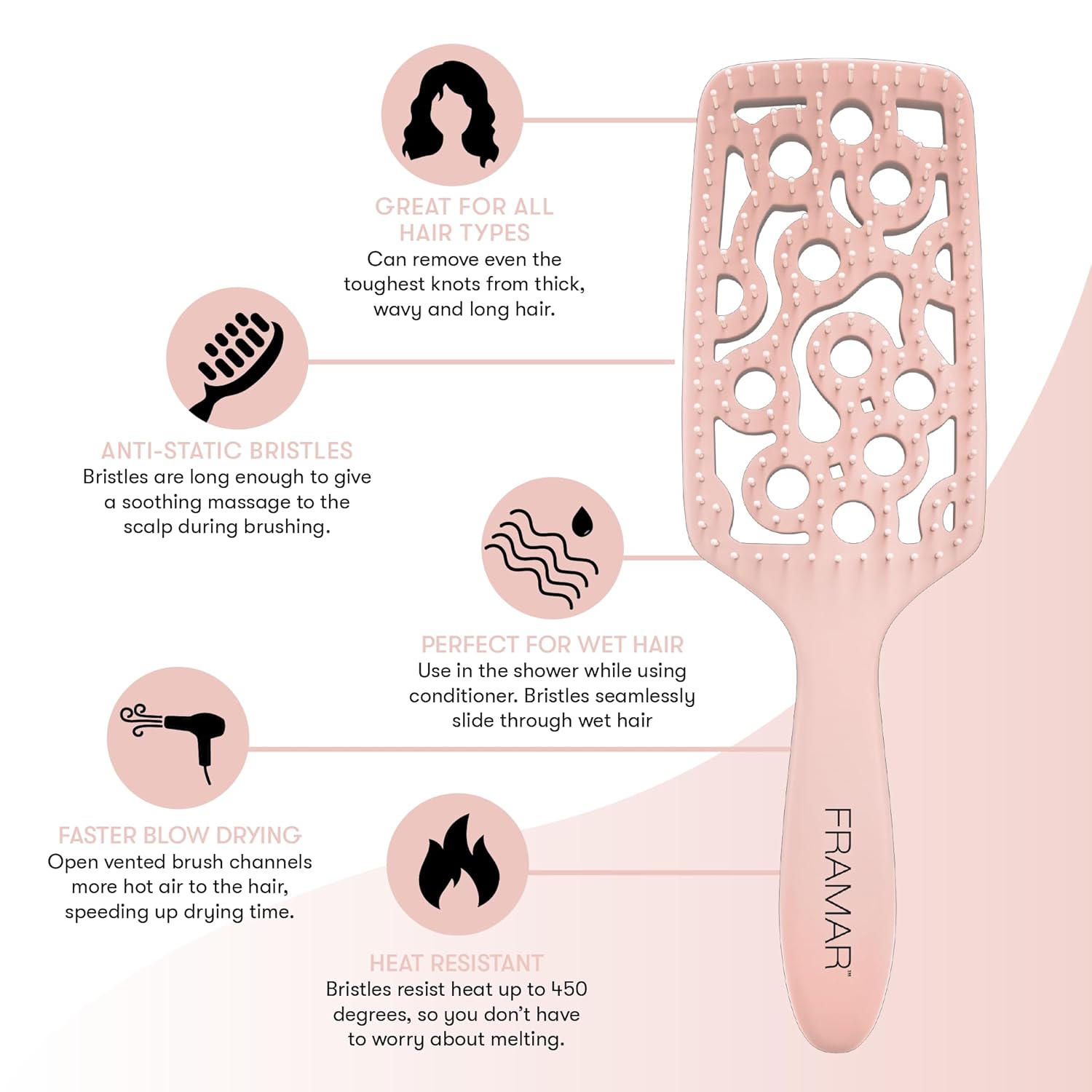 FRAMAR Professional Vented Hair Brush – Curved Hair Brush For Blow Drying, Wet Paddle Brush For Hair, Vent Brush For Blow Drying, Wet Hairbrush For Women – Heat Resistant - Champagne - Image 2