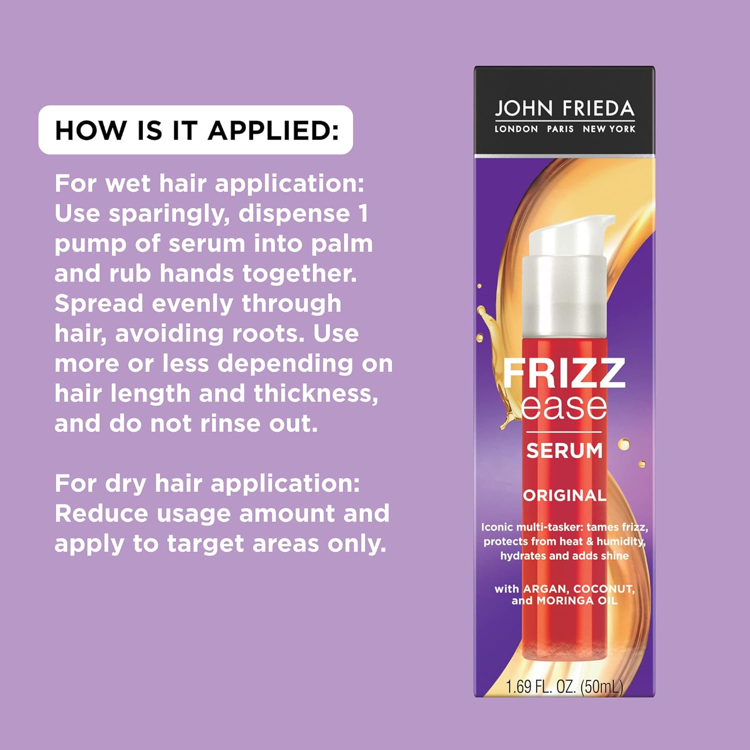 John Frieda Frizz Ease Original Hair Serum, Protecting Against Frizz, Heat, and Humidity While Adding Shine, Smooths Strands and Hydrates Parched Hair with Argan, Coconut, and Moringa Oil, 1.69 Oz - Image 7
