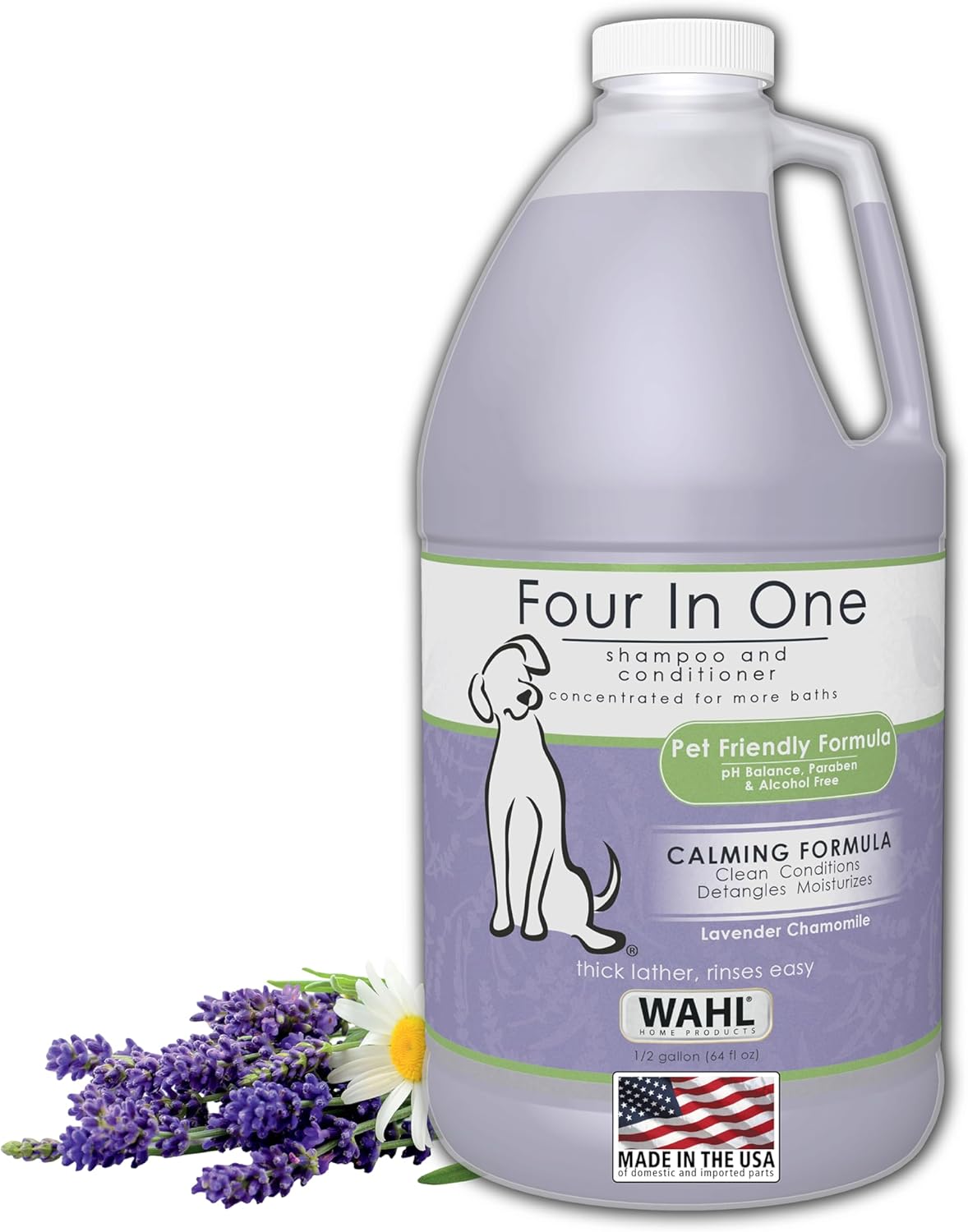 Wahl USA 4-in-1 Calming Pet Shampoo for Dogs โ Cleans, Conditions, Detangles, & Moisturizes with Lavender Chamomile - Pet Friendly Formula โ 64 Oz - Model 821000-050