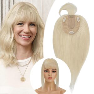Rich Choices Real Human Hair Topper for Women With Bang - 100% Remy Hair for Thinning Hair, Clip in Silk Base, 10 Inch #60 Platinum Blonde