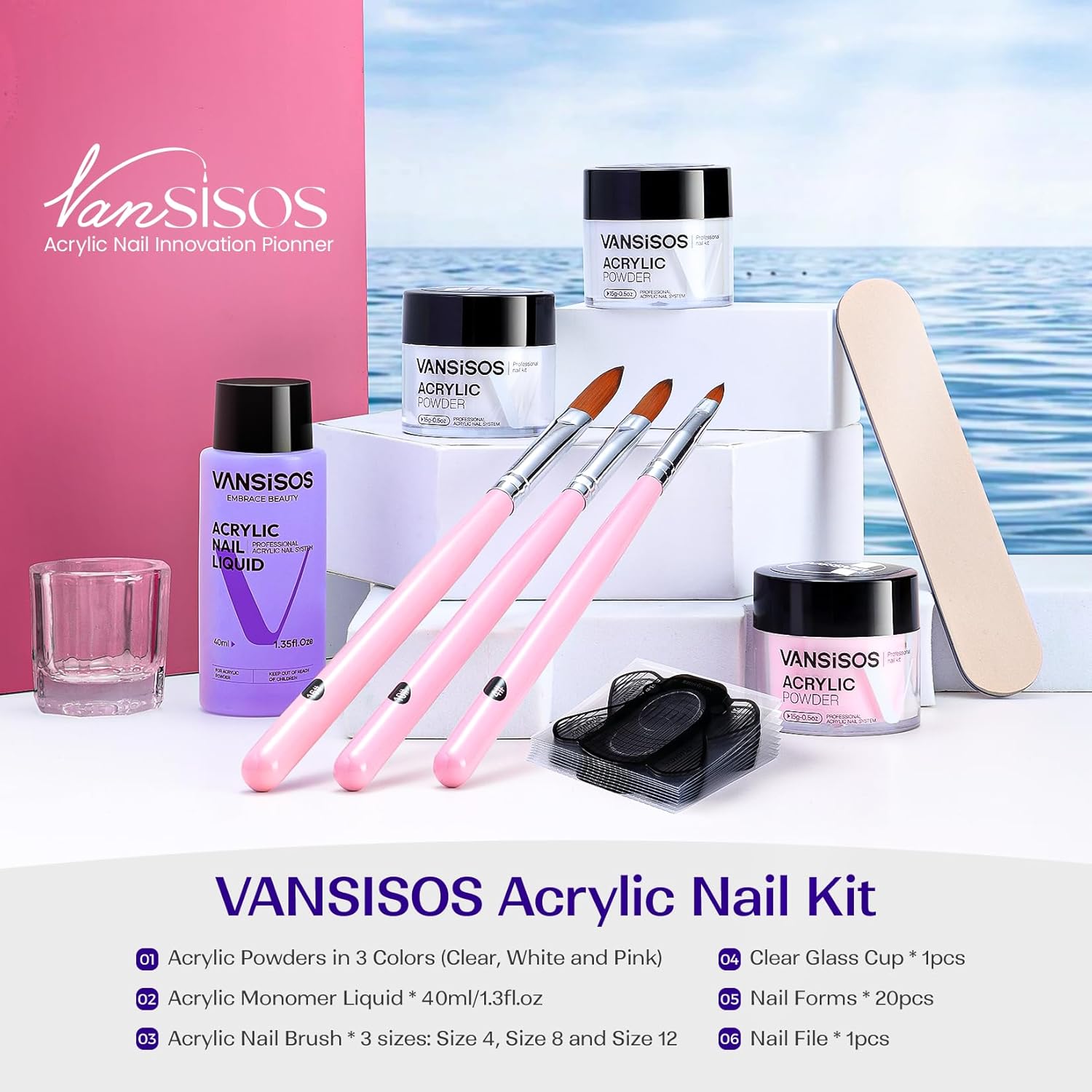 Acrylic Nail Kit for Beginners: Clear White Pink Acrylic Powder and Liquid Set Professional Nails Kit Acrylic Set with Acrylic Nail Brushes for Home DIY - Image 2