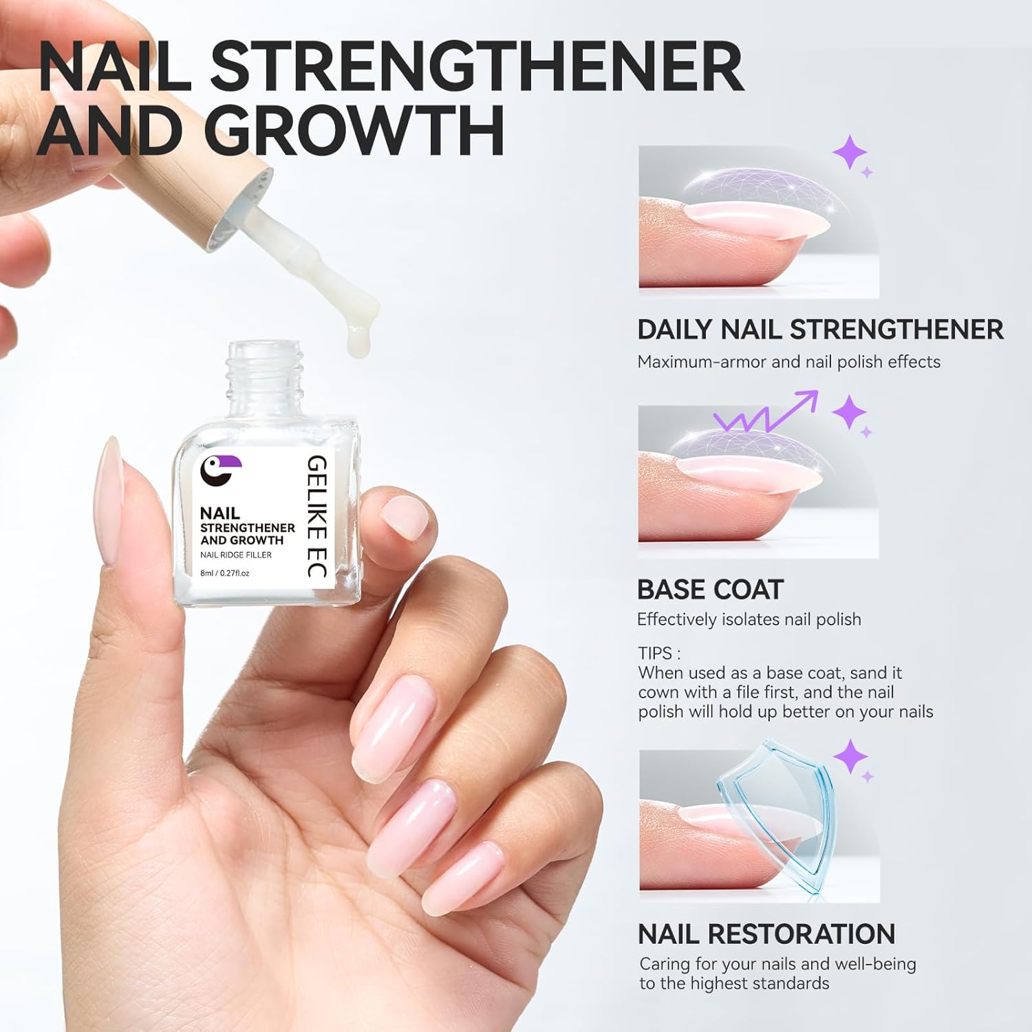 Gelike EC Ridge Filler Nail Strengthener: Milky White Extra Strong Nail Hardener for Damaged Nails & Growth Treatment for splitting nails - Organic, Vegan, Cruelty Free for Daily Home Salon - Image 3