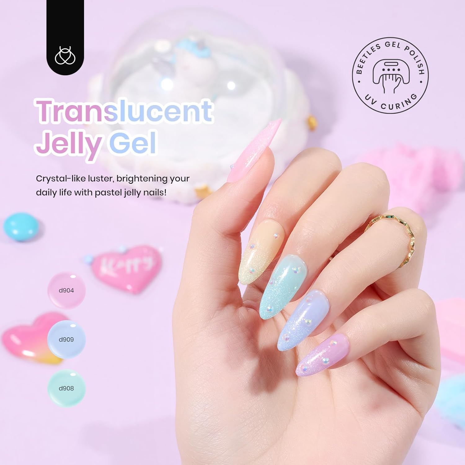 Beetles Pastel Gel Nail Polish Set, 6 Colors Summer Jelly Gel Polish Kit Pink Blue Purple Orange Yellow Green Translucent Effect Soak Off UV Candy Sweet Collection French Nail Gift for Women - Image 3