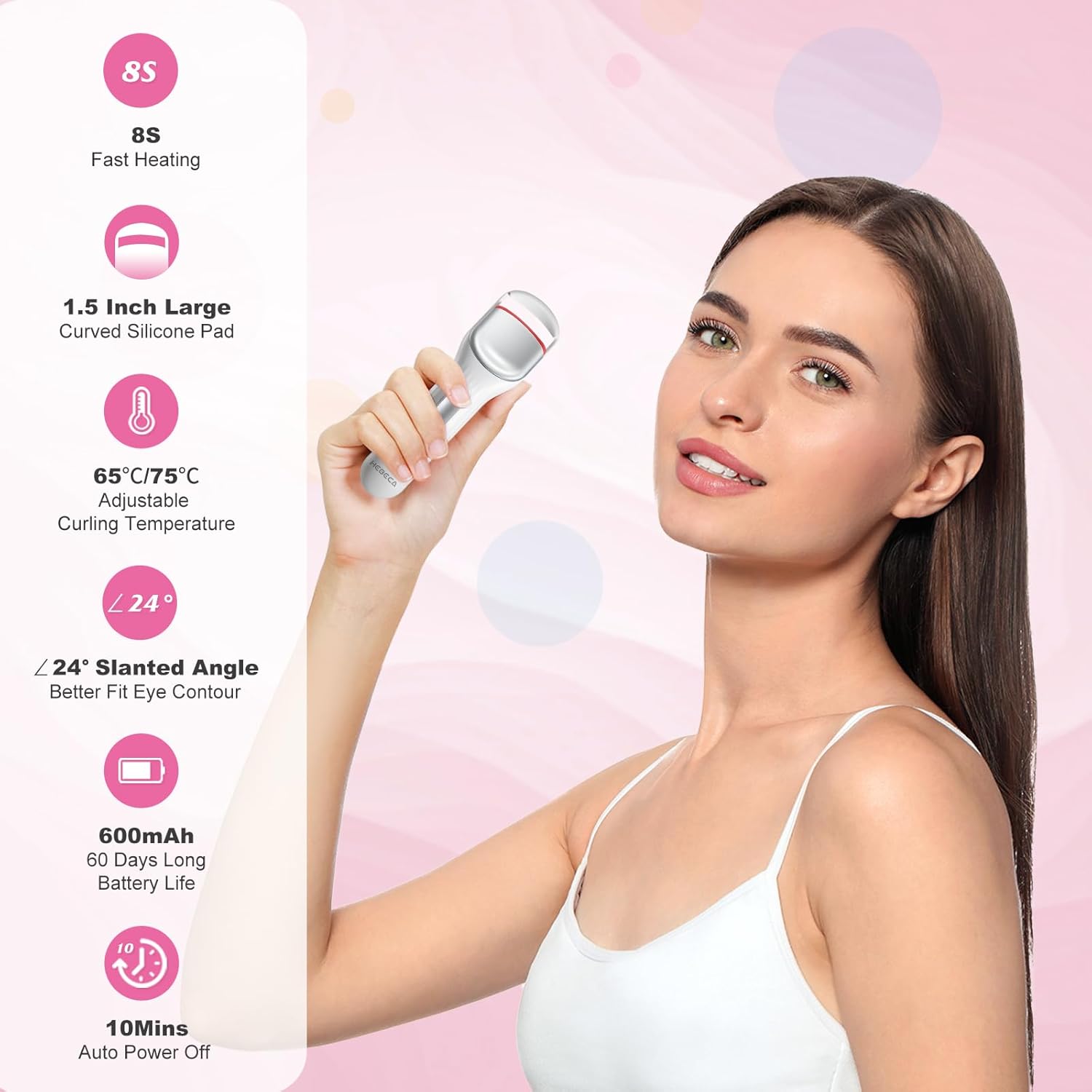 Heated Eyelash Curler Professional - Eye Lashes Curler with Innovative Heating Silicone, Electric Eyelashes Curler with 600mAh Rechargeable Battery EC4001 (White) - Image 2