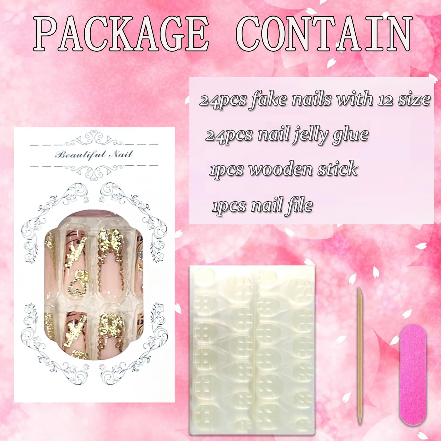 Press on Nails Long Coffin Shaped Acrylic Glossy Full Cover Long Square French False Nails with Designs Artificial Extra Long Fake Nails with Charms Glue ons Fingernails for Women(XG10114) - Image 4