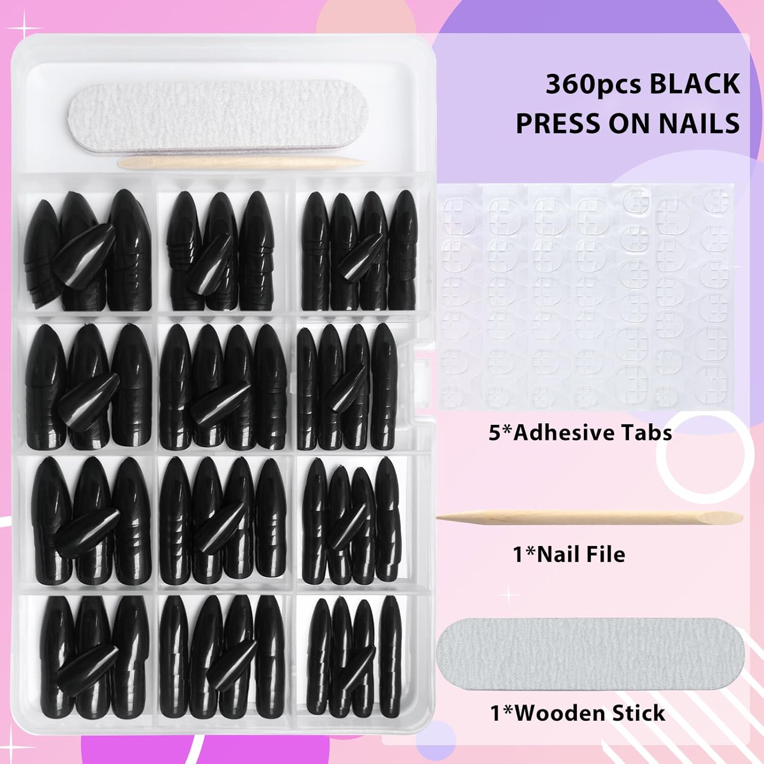 AddFavor 360pcs Almond Press on Nails Short Fake Nails, Black Short Almond Nails Press on Acrylic False Nail with Glue Adhesive Tabs for Women Girls - Image 3