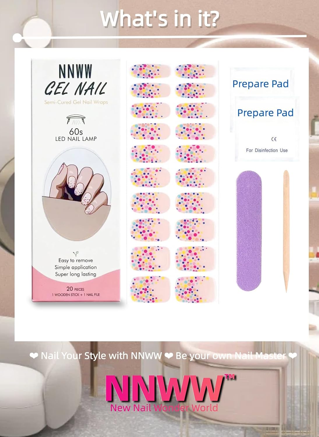 Semi Cured Gel Strips 20pcs Spring Wraps With UV Light, Long-Lasting & Easy to Apply Nail Stickers for DIY Art at Home (Party Dots) - Image 7