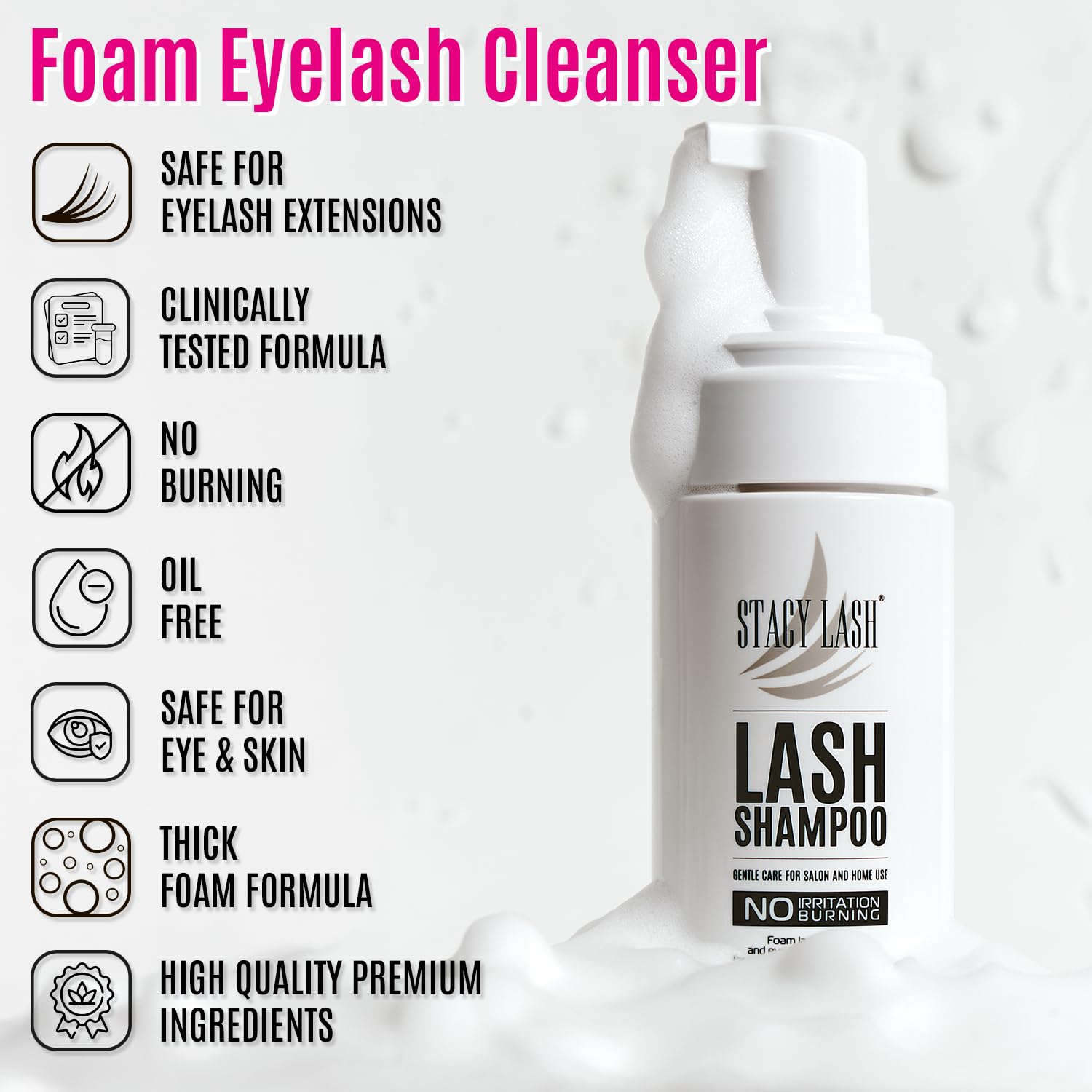 STACY LASH Lash Shampoo Kit Foaming Cleanser with Eye Lash Spoolies & Rinse Bottle & Cleansing Pad & Brush for Eyelash Extensions & Clusters & Natural Eyelashes - Image 3