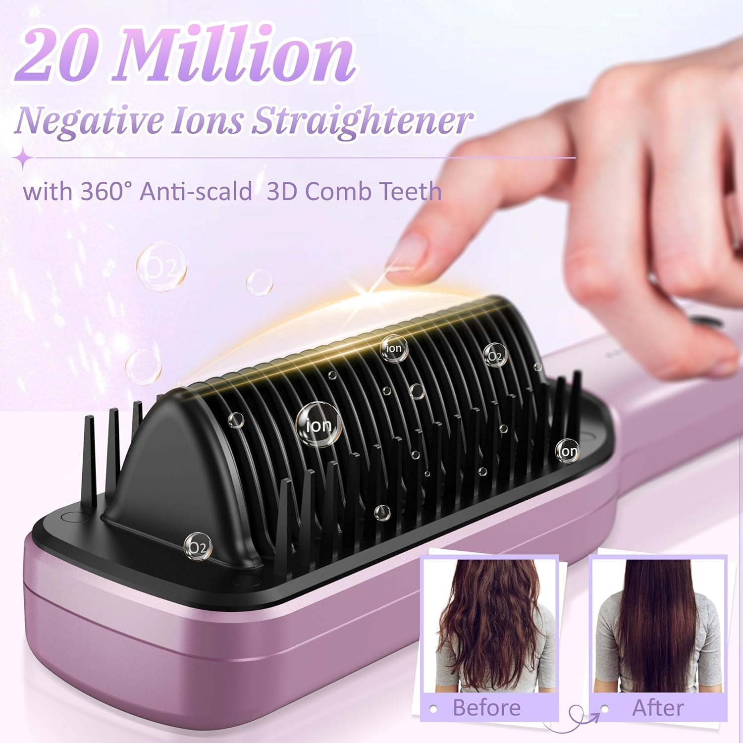 Ionic Hair Straightener Brush - 20 Million Anion, 5 Temps Setup, 20s Fast Heating & Dual Voltage, Ceramic Hair Brush Straightener for Women - Purple - Image 2
