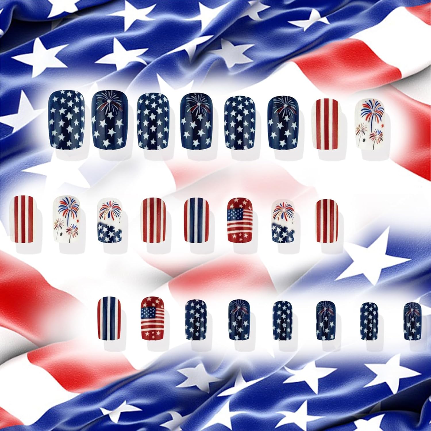 24Pcs 4th of July Press on Nails Glossy White Star False Nails Independence Day Gel Glue on Nail Fourth of July Acrylic Medium Square Fake Nail American Flag Stick on Fingernails for Women Girls - Image 2
