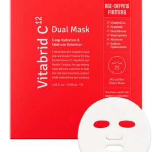 Dual Mask Korean Face Mask for Anti Aging, Firming, Hydrating, Nourishing with Highly Concentrated Peptide, Vitamin C Essence - Hypoallergenic Microfiber Sheet, 1.02 fl.oz. 5 Sheets