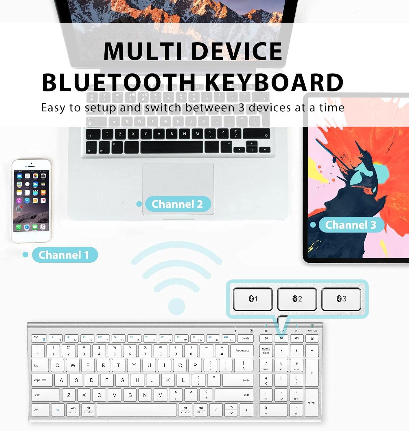 iClever BK10 Bluetooth Keyboard, Wireless Bluetooth Keyboard, Rechargeable Bluetooth 5.1 Multi Device Keyboard with Number Pad Full Size Stable Connection for Mac, Windows, iOS, Android, Laptop - Image 2