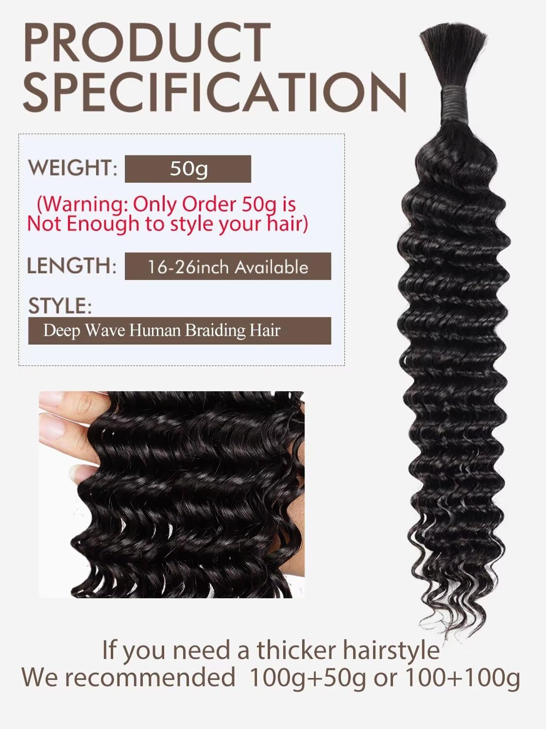 Human Braiding Hair, Boho Braids Human Hair 1 Bundle 50g 18 Inch Deep Water Wave Bulk Human Hair for Braiding No Weft 12A Brazilian Virgin Curly Human Hair Extensions for Wet and Wavy Braiding Hair - Image 2