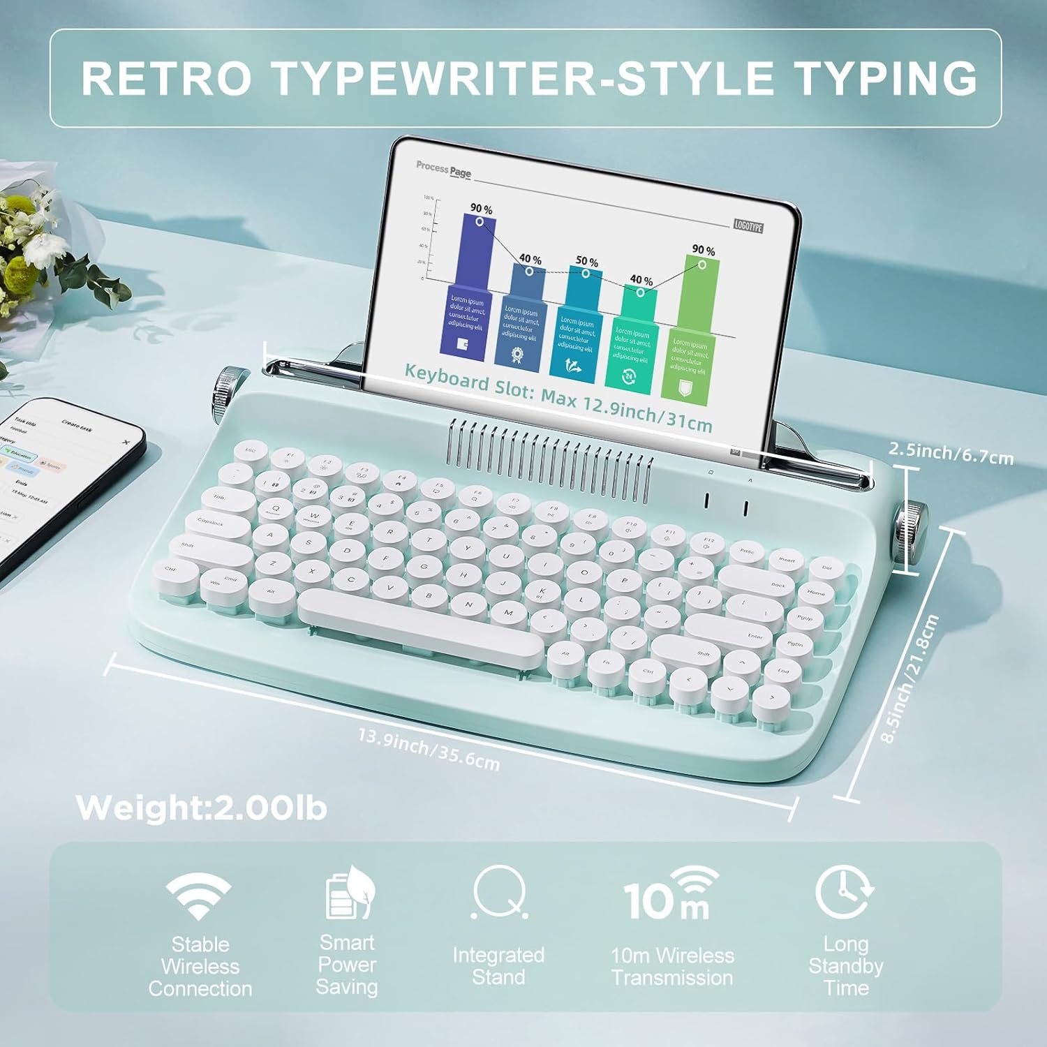 YUNZII ACTTO B303 Wireless Typewriter Keyboard, Bluetooth Connection, Cute Retro Aesthetic Design with Integrated Stand for Tablet, Phone, PC and Win/Mac/Android (B303, Sweet Mint) - Image 2
