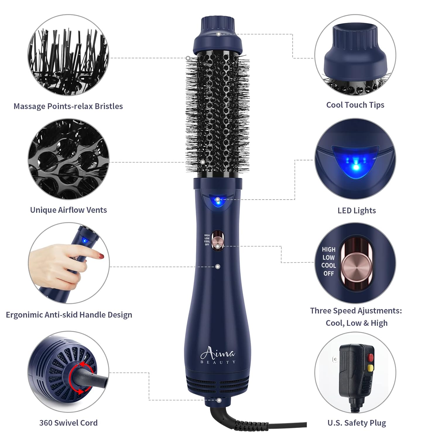 Hair Dryer Brush, Aima Beauty 4-in-1 Upgrade Hot Air Straightener Curler Function for Women, Hair Styling Tools, Prussian Blue-Round - Image 3