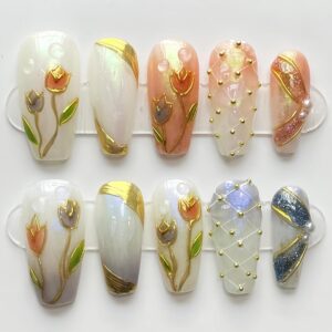10Pcs Medium Length Press On Nails - Handmade Acrylic Fake Nails Glossy Finish, Reusable Glue On Nails for Women, French Tip False Nails for Daily Wear (Nude Pink)