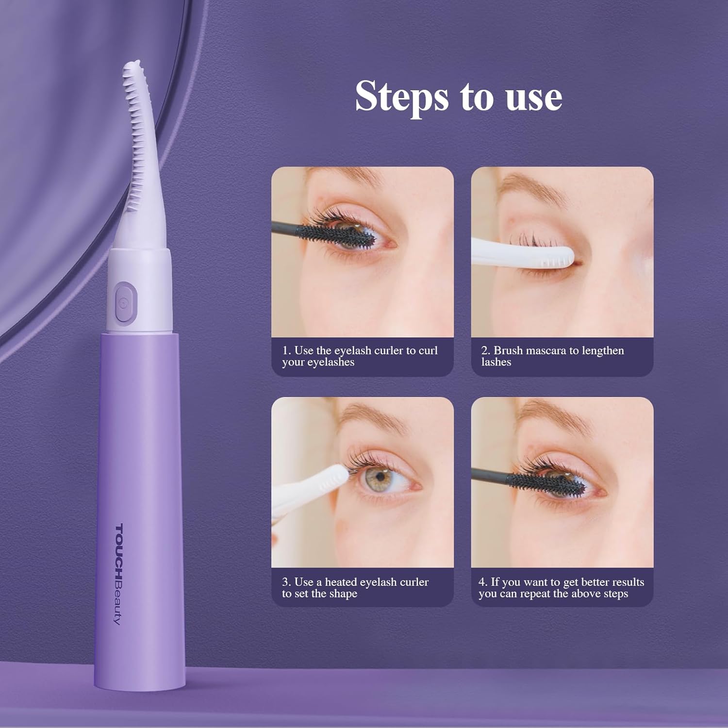 Heated Eyelash Curlers, TOUCHBeauty Electric Lash Curler Rechargeable with Dual-Sided Silicone Comb, 2-Level Temperature, No Pinching, Natural Curling Violet - Image 7