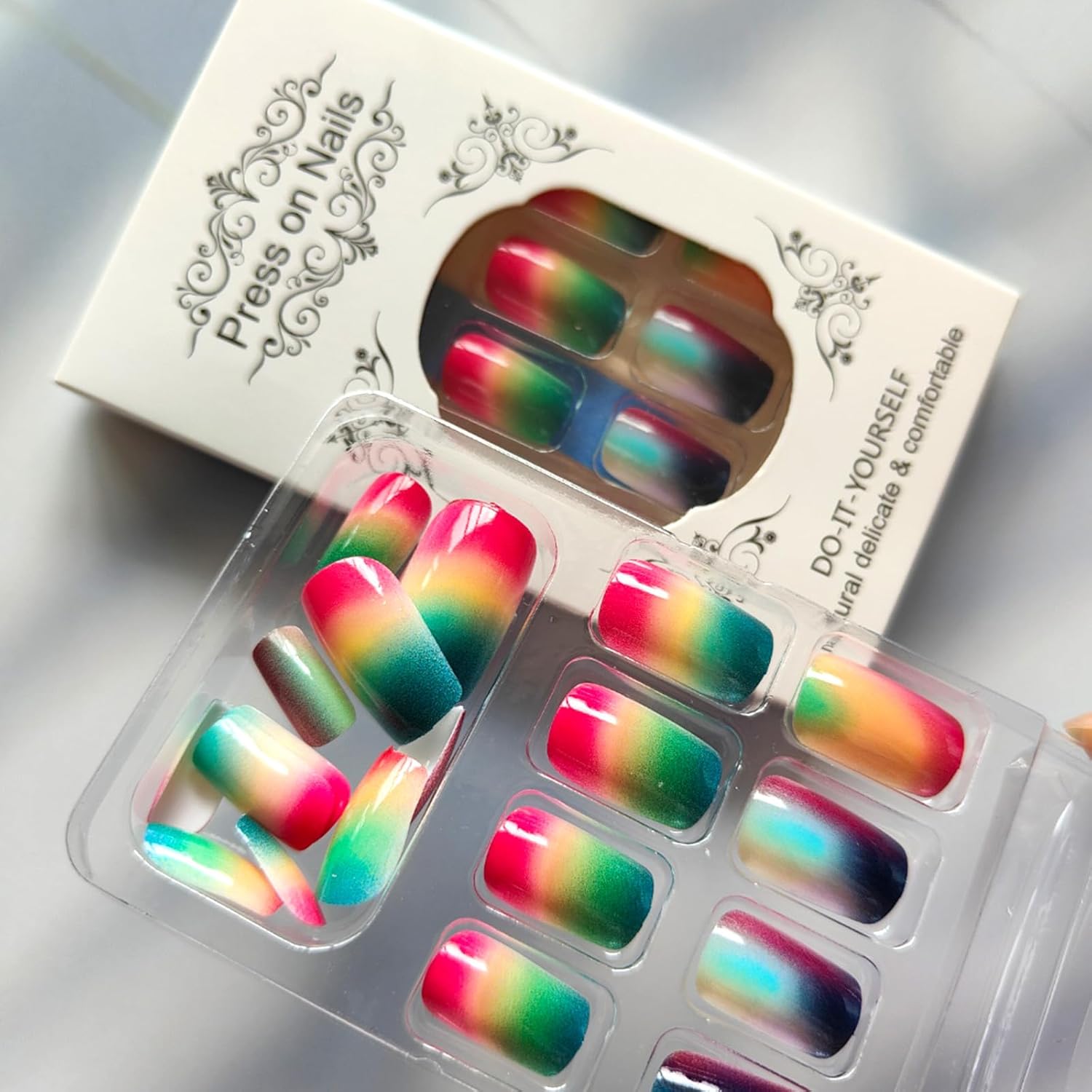 Ombre Press on Nails Colorful Gradient Smudge Fake Nails Medium Square False Nails Glossy Acrylic Nails Reusable Glue on Nails Spring Summer Full Cover Stick on Nails for Women 24Pcs - Image 3