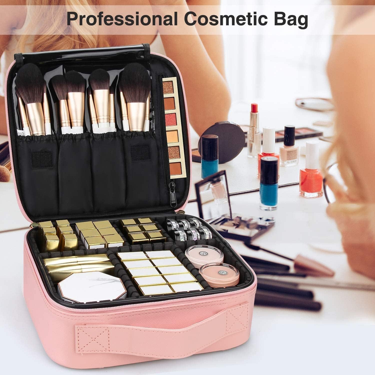 Travel Makeup Case, PU Leather Portable Organizer Makeup Train Case Makeup Bag Cosmetic Case with Adjustable Dividers for Cosmetics Makeup Brushes Women (Pink) - Image 7