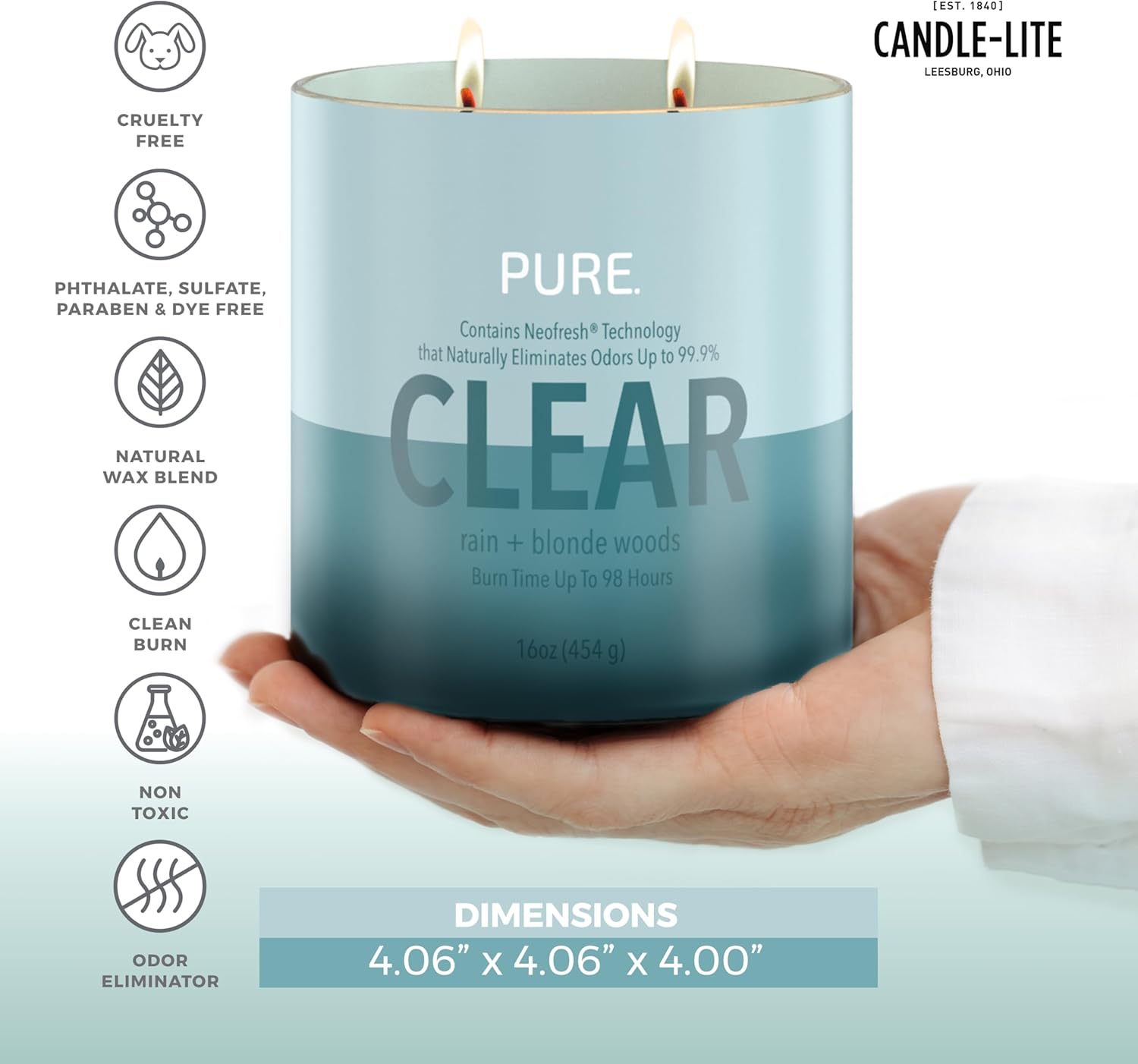 Candle-Lite Pure Rain & Blonde Woods Odor Eliminating Scented Candles, Neofresh Technology Eliminates 99.9% of Odors, 16 oz 2-Wick Jar, Proudly Poured in The USA, 44-60 Hours Burn Time - Image 3