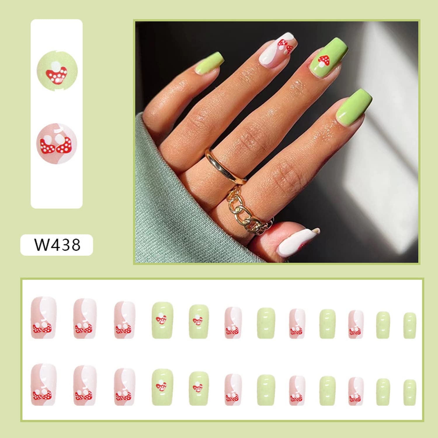 Medium Green Coffin Nails White Swirl Mushroom Design 24 Pc Set - Image 2
