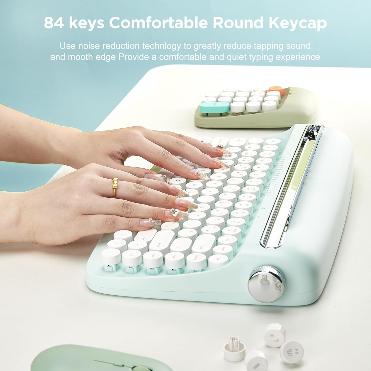 YUNZII ACTTO B303 Wireless Typewriter Keyboard, Bluetooth Connection, Cute Retro Aesthetic Design with Integrated Stand for Tablet, Phone, PC and Win/Mac/Android (B303, Sweet Mint) - Image 5