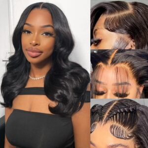 Body Wave Lace Front Wigs Human Hair 200% Density Body Wave 13x6 HD Lace Frontal Wigs Human Hair Brazilian Virgin Human Hair Wigs for Women Glueless Pre Plucked with Baby Hair 16 Inch Black Wig