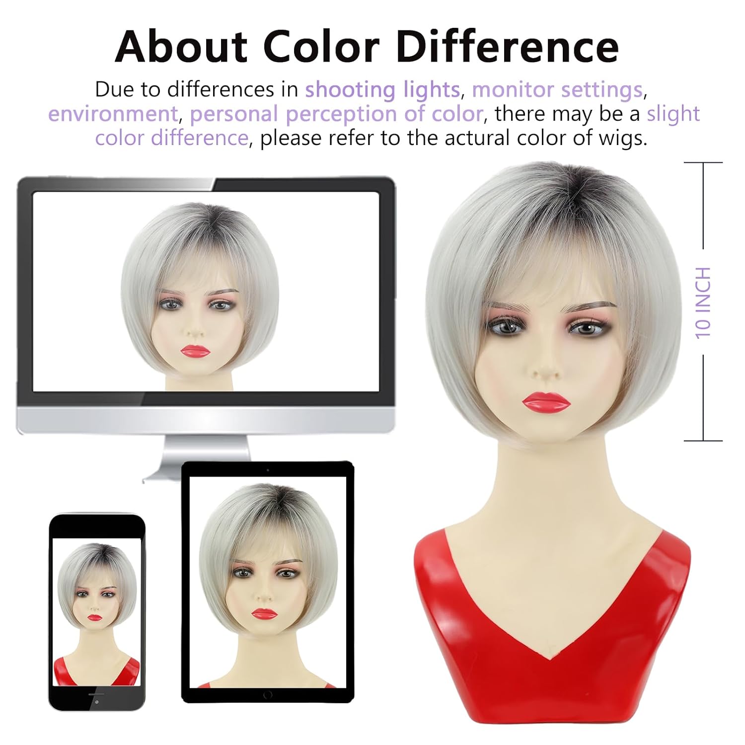 TISHINING Ombre White Blonde Short Bob Wig with Bangs for White Women 10 Inch Chin Length Layered Mixed Blonde Straight Bob Wig with Dark Roots Synthetic Natural Looking Daily Party Wig - Image 5