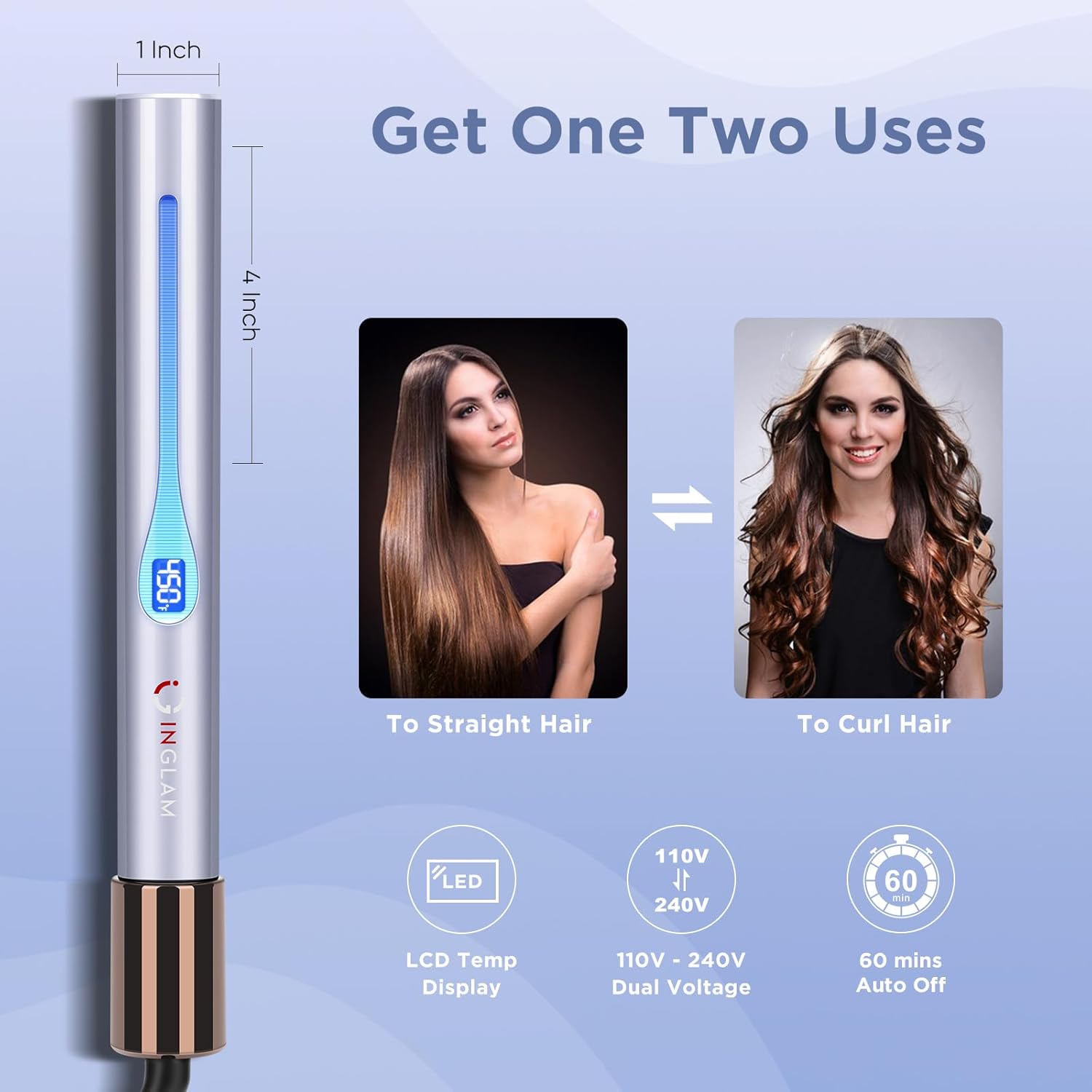 IG INGLAM Titanium Flat Iron Hair Straightener, Curling Iron 1 Inch, Infrared Negative Ionic Hair Straightener 11 Adjust Temp 250°F to 450°F, Shiny Hair Dual Voltage 110-240V, Gift, Purple - Image 6