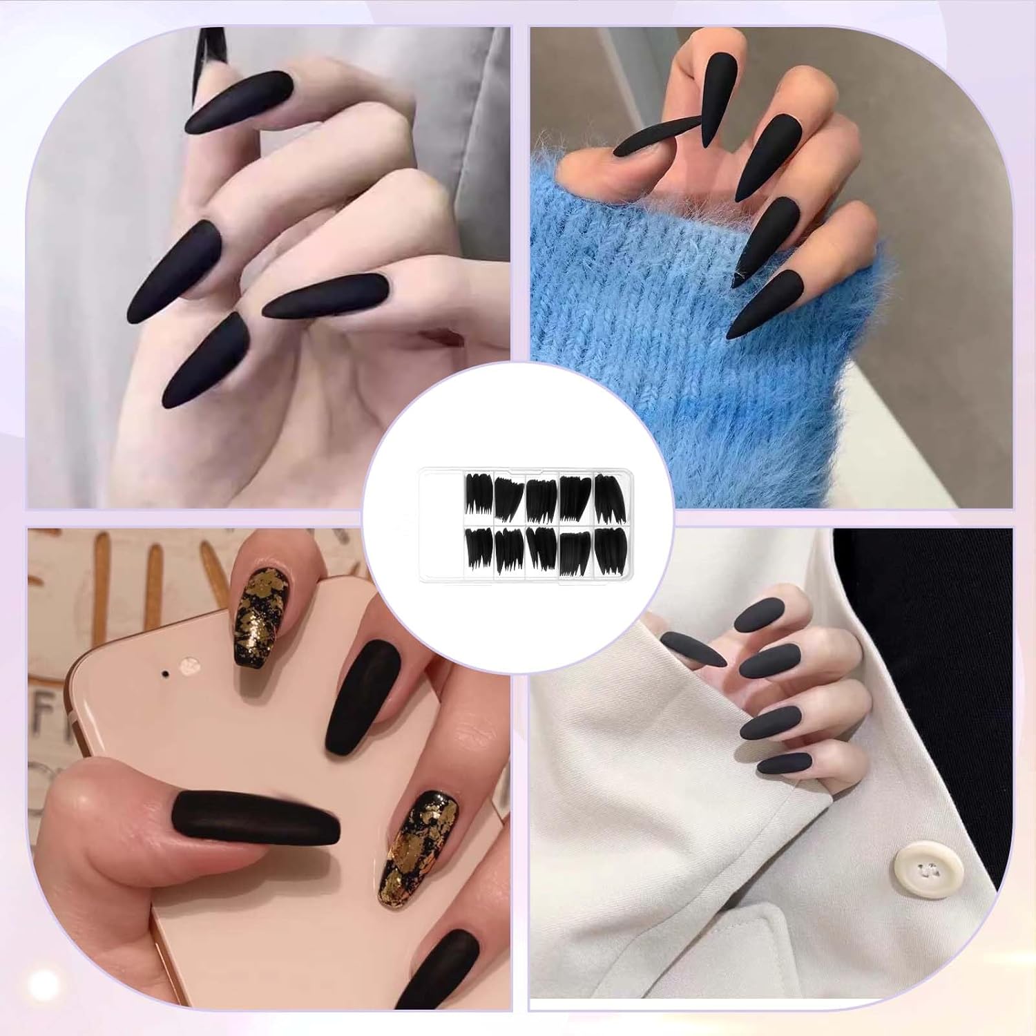 Stiletto Press on Nails, 100 PCS 10 Sizes Black Stiletto Nails Matte Black Press on Nail Artificial Solid Color Full Cover Acrylic Fake Nail Tips for Women and Girls DIY Manicure - Image 7