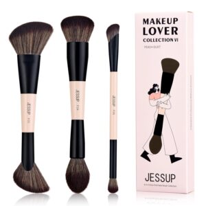 Jessup Face Makeup Brushes 3pcs Double Ended Makeup Brush Set for Foundation Contour Blush Highlight and Powder, Premium Synthetic Make up Brushes Peach Dust T508