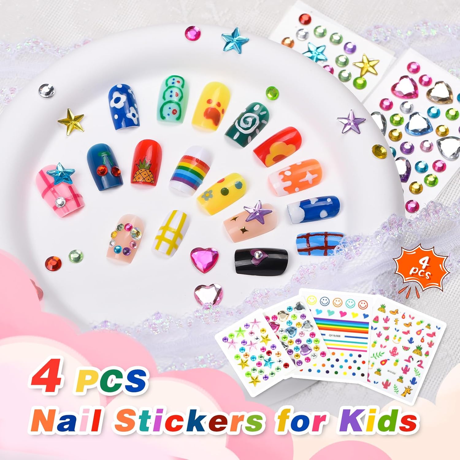Kids Nail Polish for Girls with Gems Stickers, Non-Toxic Peel-Off Quick Dry Mini Nail Polish 9 Colors Set for Ages 3+ - Image 3