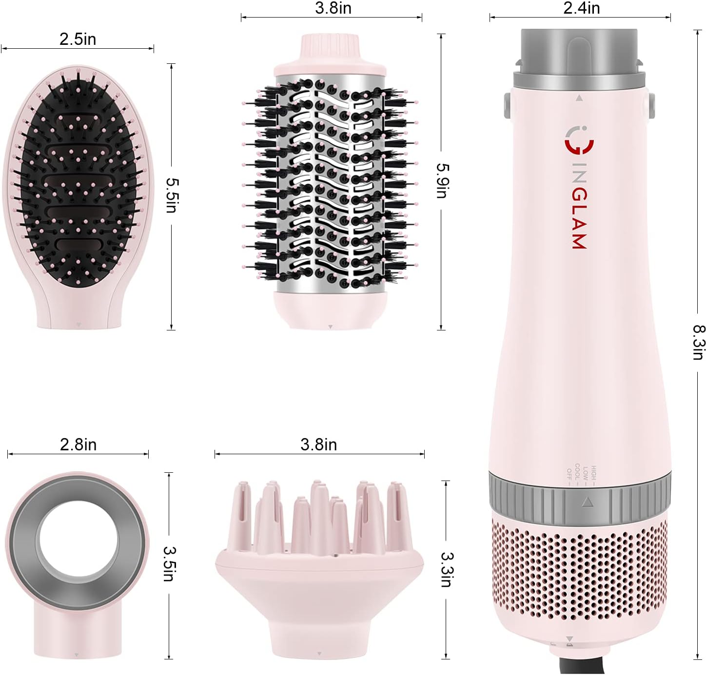 IG INGLAM 4 in 1 Blowout Hair Dryer Brush Set - Negative Ion Detachable Hair Dryer, Volumizer Styler with 2 Brush Heads, Pink - Image 6